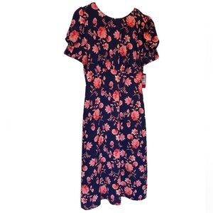 VINCE CAMUTO Floral Dress Puff Sleeve Short Sleeve Navy/Fuschia/Orange - Size 6
